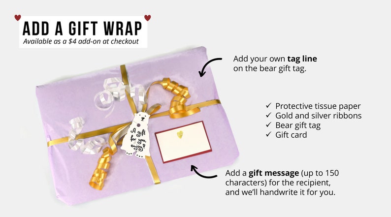Gift-wrap option—lavender paper with gold and silver ribbons, bear gift tag, and handwritten gift message.