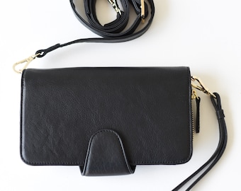 Étui pour téléphone à bandoulière - Portefeuille en cuir pour iPhone - Petit sac à bandoulière en cuir - Porte-monnaie en cuir noir - Portefeuille pour femme - Cadeau pour elle