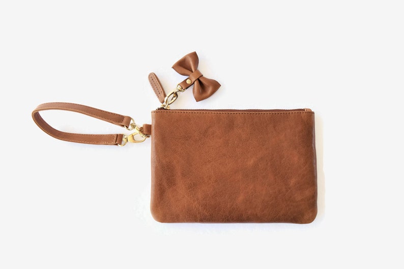 Leather wristlet clutch with bow tie Personalized wrist Etsy