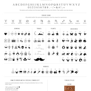 Personalization chart – letters, numbers, zodiac symbols, icons, blind embossing options for custom leather purses.
