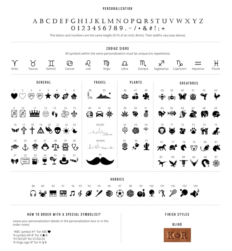 Personalization chart – letters, numbers, zodiac symbols, icons, blind embossing options for custom leather purses.