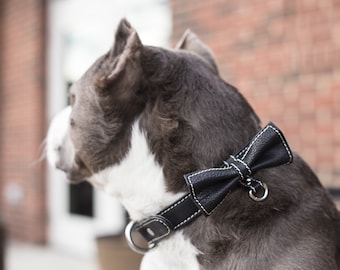 Collier pour chien avec noeud papillon - Collier en cuir pour chien - Collier pour chien à dégagement rapide - Collier pour chien de mariage - Noeud en cuir pour chiens - Collier Pitbull en cuir