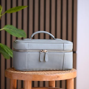Pale sage leather makeup bag with gold zippers and top handle.