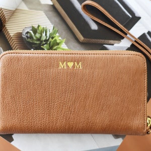 Cartera grande de piel para mujer - Cartera con correa para la muñeca - Cartera con cremallera personalizada - Regalo para el Día de la Madre - Regalo para ella - Aniversario