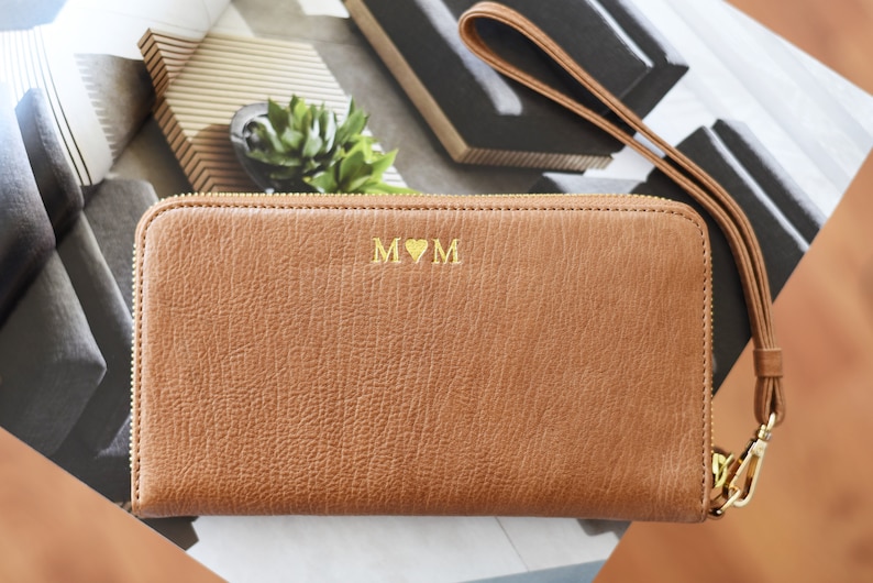 Cartera grande de piel para mujer - Cartera con correa para la muñeca - Cartera con cremallera personalizada - Regalo para el Día de la Madre - Regalo para ella - Aniversario imagen 1
