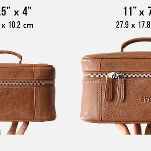 Size guide for leather toiletry bag — Travel 9.5x5.5x4 in and Home 11x7x5 in, monogrammed front panel, scale in hand