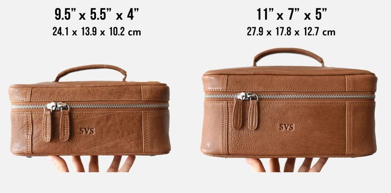 Size guide for leather toiletry bag — Travel 9.5x5.5x4 in and Home 11x7x5 in, monogrammed front panel, scale in hand