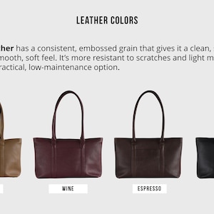 May include: Four leather tote bags in mocha, wine, espresso, and black. The bags have long handles and a rectangular shape. The text "LEATHER COLORS" is at the top, and the text "MOCHA", "WINE", "ESPRESSO", and "BLACK" are at the bottom.