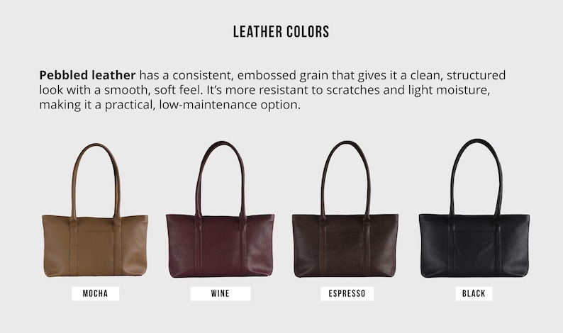 May include: Four leather tote bags in mocha, wine, espresso, and black. The bags have long handles and a rectangular shape. The text "LEATHER COLORS" is at the top, and the text "MOCHA", "WINE", "ESPRESSO", and "BLACK" are at the bottom.