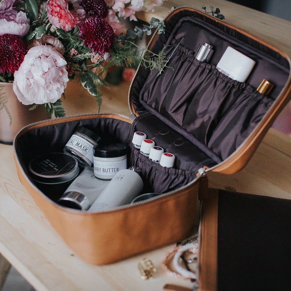 Leather Toiletry Bag - Cosmetics Organizer Women - Essential Oil Case - Travel Kit Storage Bag For Toiletries - Add monogram - Gift for Her