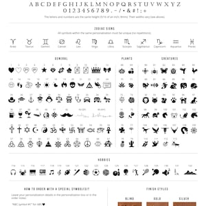 Personalization guide—A-Z letters, numbers, zodiac and symbol stamps; monogram finish options: blind, gold, silver.