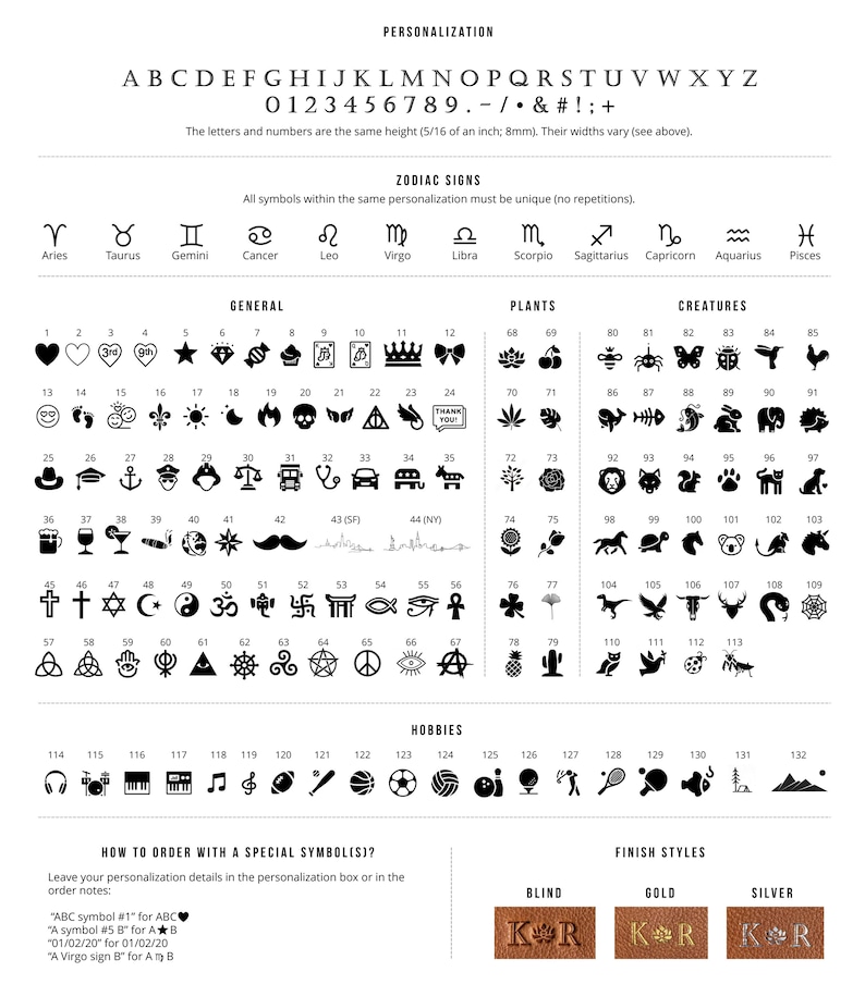 Personalization guide—A-Z letters, numbers, zodiac and symbol stamps; monogram finish options: blind, gold, silver.