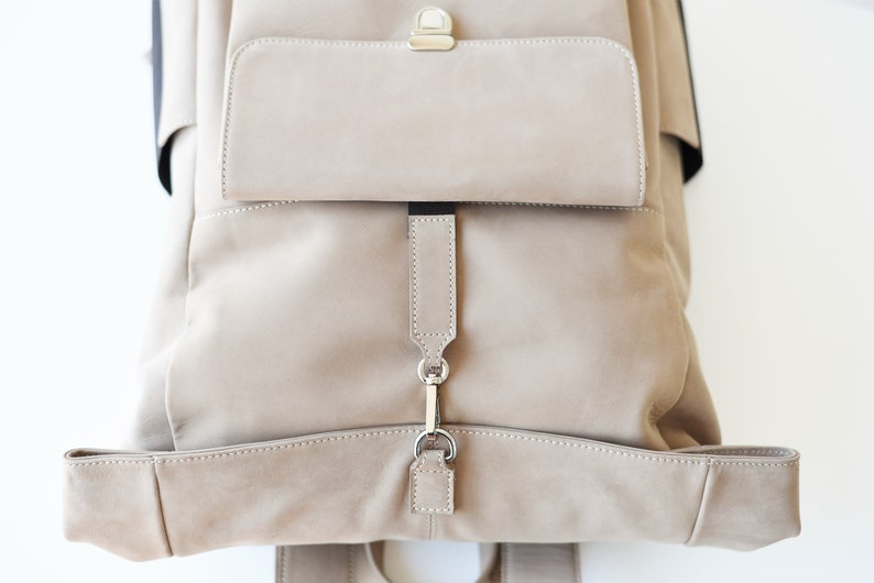 Top roll backpack Commuter backpack 16 inch laptop backpack Beige Nubuck leather Convertible Large leather backpack Full grain image 6