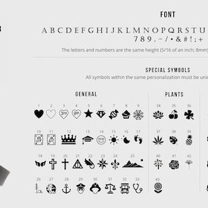 May include: A chart showing different font options for customizing a small leather box. The font options include letters, numbers, and symbols. The chart is divided into three sections: General, Plants, and Creatures. Each section contains a grid of small black and white icons.