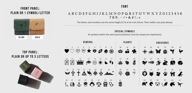 May include: A chart showing different font options for customizing a small leather box. The font options include letters, numbers, and symbols. The chart is divided into three sections: General, Plants, and Creatures. Each section contains a grid of small black and white icons.