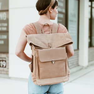 Top roll backpack Commuter backpack 16 inch laptop backpack Beige Nubuck leather Convertible Large leather backpack Full grain image 2