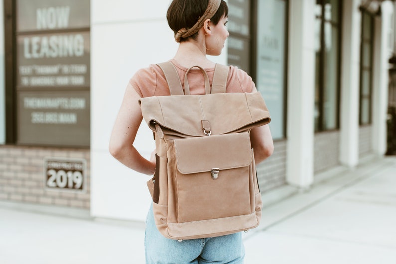 Top roll backpack Commuter backpack 16 inch laptop backpack Beige Nubuck leather Convertible Large leather backpack Full grain image 2