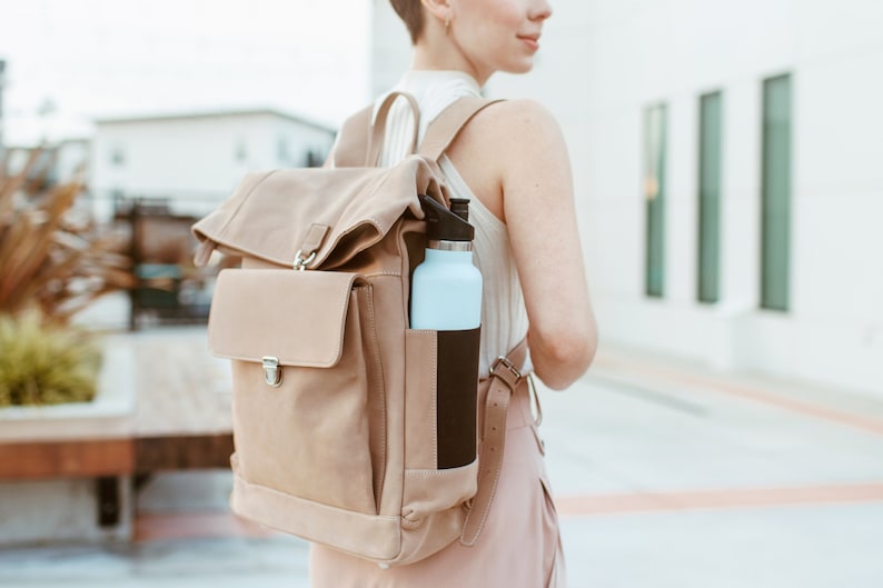 Top roll backpack Commuter backpack 16 inch laptop backpack Beige Nubuck leather Convertible Large leather backpack Full grain image 1