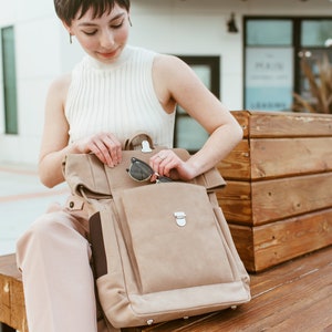 Top roll backpack Commuter backpack 16 inch laptop backpack Beige Nubuck leather Convertible Large leather backpack Full grain image 5