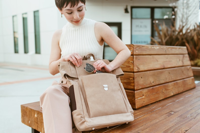 Top roll backpack Commuter backpack 16 inch laptop backpack Beige Nubuck leather Convertible Large leather backpack Full grain image 5