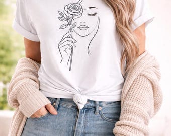 Minimalist Woman Holding Rose Shirt, Floral Line Art Botanical Face Tee, Feminine Boho Gift For Her, Rose Flower Nature Lover Shirt