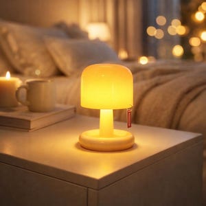 May include: A small, yellow table lamp with a rounded shade and a circular base sits on a white nightstand. The lamp is lit, emitting a warm, inviting glow. A tag hangs from the lamp. A mug and a candle are also on the nightstand.