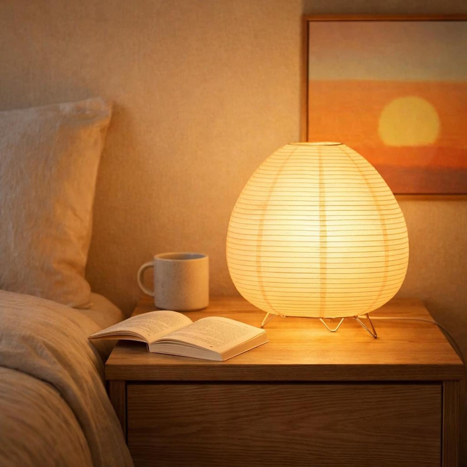 Japanese Rice Paper Lamp • Japandi Zen Bedside Table Light • Minimalist Nightstand for Living Room