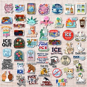 以下が含まれることがあります： さまざまなデザインとテキストが施された、カラフルなステッカーのコレクションです。「Abolish ICE」、「Fuck ICE」などのフレーズや、その他の政治的声明が特徴です。画像には、動物、漫画のキャラクター、グラフィックデザインが含まれています。ステッカーは形や大きさが異なります。