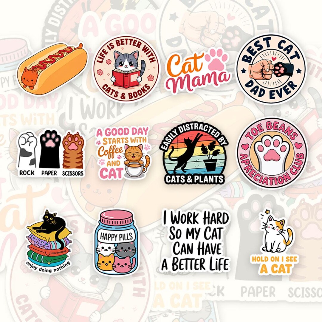 Funny Cat Sticker Pack, Cute Cat Lover Decals, Cat Mama Dad Gift ...