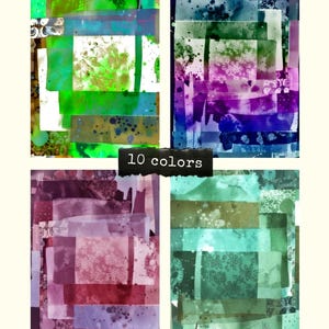 以下が含まれることがあります： 4つの抽象芸術作品のコラージュで、それぞれがユニークな配色です。左上は緑と青、右上は紫と青、左下は赤と紫、右下はターコイズと緑です。「10 colors」のテキストが表示されています。