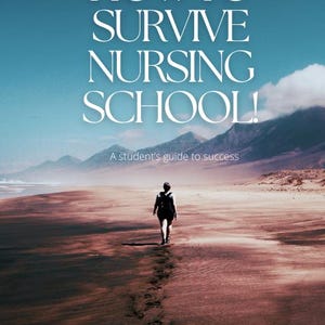 May include: Book cover with the title "HOW TO SURVIVE NURSING SCHOOL!" in large white letters. The subtitle reads "A student's guide to success." A person walks on a beach towards mountains under a blue sky.