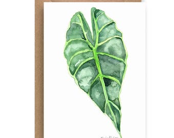 Biglietto d'auguri con foglia di orecchio di elefante / Stampa botanica ad acquerello