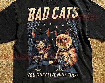 Bad Cats Only Live Nine Times Retro T-Shirt, Vintage Style Cartoon Cats, Funny Cat Shirt, Feline Humor Gift