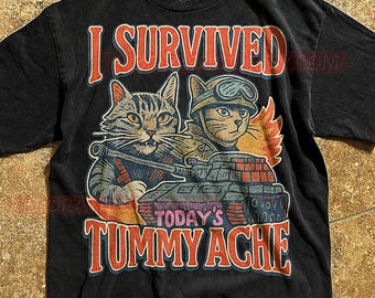 I Survived Today's Tummy Ache T-Shirt, Funny Cat Shirt Vintage Tee, Military Cats Graphic Humor, Retro T-Shirt, Cat Lover Gift