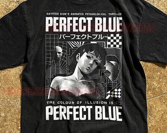 Perfect Blue T-Shirt, Retro Futuristic Brutalist Y2K Aesthetic Halftone Texture, Geometric Graphic Tee, Cyberpunk Anime Shirt
