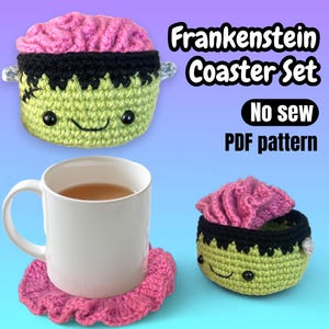 May include: A set of handmade crochet coasters in a Frankenstein theme. The coasters are green with black hair and a pink brain. A white mug with tea sits on a pink coaster. The text "Frankenstein Coaster Set" and "No sew PDF pattern" are visible.