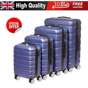 May include: Four navy blue rolling suitcases of different sizes are displayed. Each case has a textured finish, black edging, and several wheels. The image includes the text "High Quality" and "Special Offer".