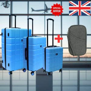 May include: Three light blue rolling suitcases with black handles and a grey travel wallet. The suitcases have a textured design and are of different sizes. A 'Special Offer' badge is also visible.