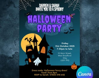 Può includere: Un invito a una festa di Halloween a tema spettrale. Il design presenta una silhouette di casa infestata, pipistrelli, un cappello da strega e una zucca. Il testo recita "Halloween Party" e include data, ora e luogo.