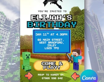 Children’s Pixel Gaming Birthday Invitation | Editable Kids Party Invite | Digital Download