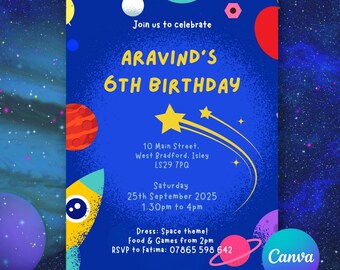 Invitación de cumpleaños espacial / Invitación editable para fiesta infantil / Descarga digital
