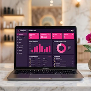 May include: A laptop displaying a dark-themed software dashboard with pink data visualizations, including a bar chart and a donut chart. The screen shows text labels like Dashboard, Appointments, and Total Revenue. A pink orchid and a coffee cup are nearby.