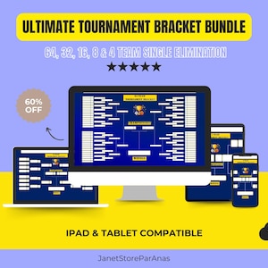 Paquete definitivo de cuadros de torneo de 4 a 64 equipos, eliminación directa, póster imprimible para pared, cuadros digitales de fútbol, baloncesto y cornhole.