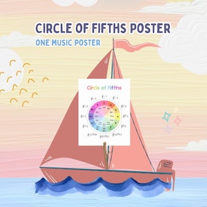 May include: A whimsical illustration featuring a sailboat with a red sail and blue water. The image includes a "Circle of Fifths Poster" with musical notes and text. The background has a pastel sky with clouds and a sun.