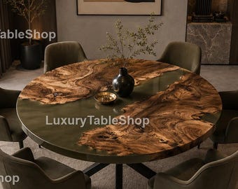 Luxury Walnut & Olive Green Epoxy Round Table – Modern Live Edge Resin Statement Furniture Handmade Walnut Epoxy River Dining Table |