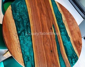 Green Epoxy Resin River Dining Table – Round Live Edge Wood, Handmade