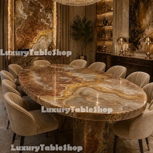 Oval Onyx Dining Table, Brown Marble Conference Table, Live Edge Stone Top