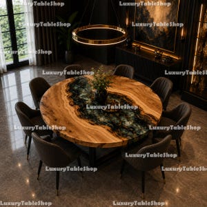 Luxury Walnut Epoxy River Coffee Table, Round Black Resin River Table, Handmade Live Edge Wood Table, Modern Designer Dining Furniture