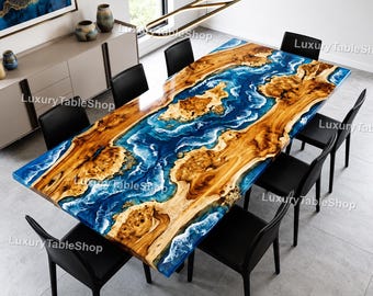Luxury Ocean Epoxy Resin River Dining Table – Handcrafted Walnut Coastal Table with Blue Wave Resin Art, Modern Luxury Dining Room Table |