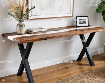 Modern Walnut River Console Table – White Epoxy Entryway Table | Luxury Handmade Hallway Furniture White Resin River Console Tabletop |